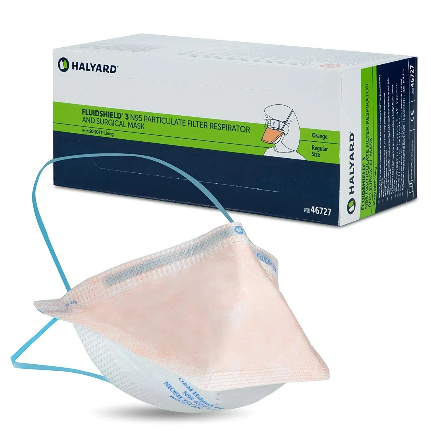*35-Piece* Halyard FluidShield 3 Duckbill Filter Surgical Face Mask Orange 46727