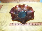 Vintage NORTHWOOD "Cherries and Pears" Amethyst Carnival Glass Ruffled Rim Bowl