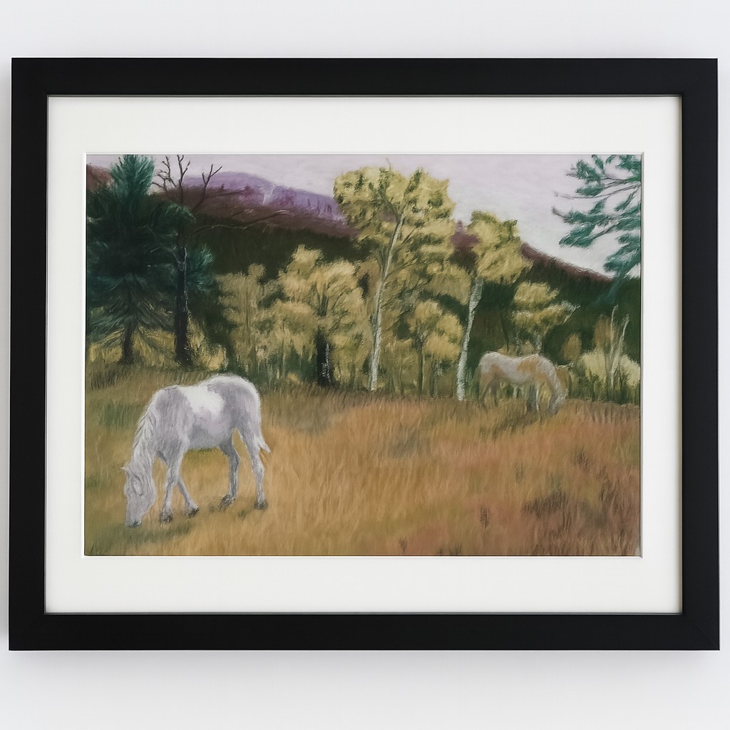白い馬のパステル画 White Horses Pastel Drawing – Original 11x14 Artwork of Horses in