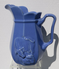 Vintage Blue Milk Pitcher Cow & Calf On One Side Square Handle With Fancy Spout