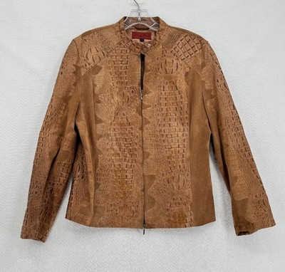 Nicola Berti Womens Brown Crocodile Embossed Genuine Leather Moto Jacket Sz L