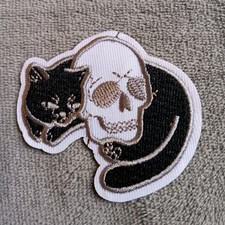 Witchy Black  White Cat Skull Embroidered Iron On Patch Applique, Gothic I