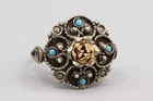 Victorian Revival 9K Rose Gold Flower Ring Size 7, Blue Turquoise Seed Beads
