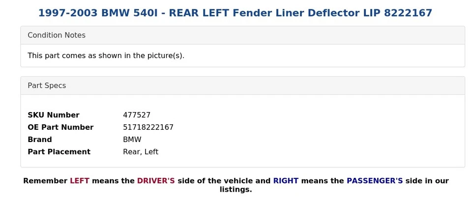 BMW 540I 1997-2003 - Deflector guardabarros trasero izquierdo labio 8222167 Foto 3 de 4