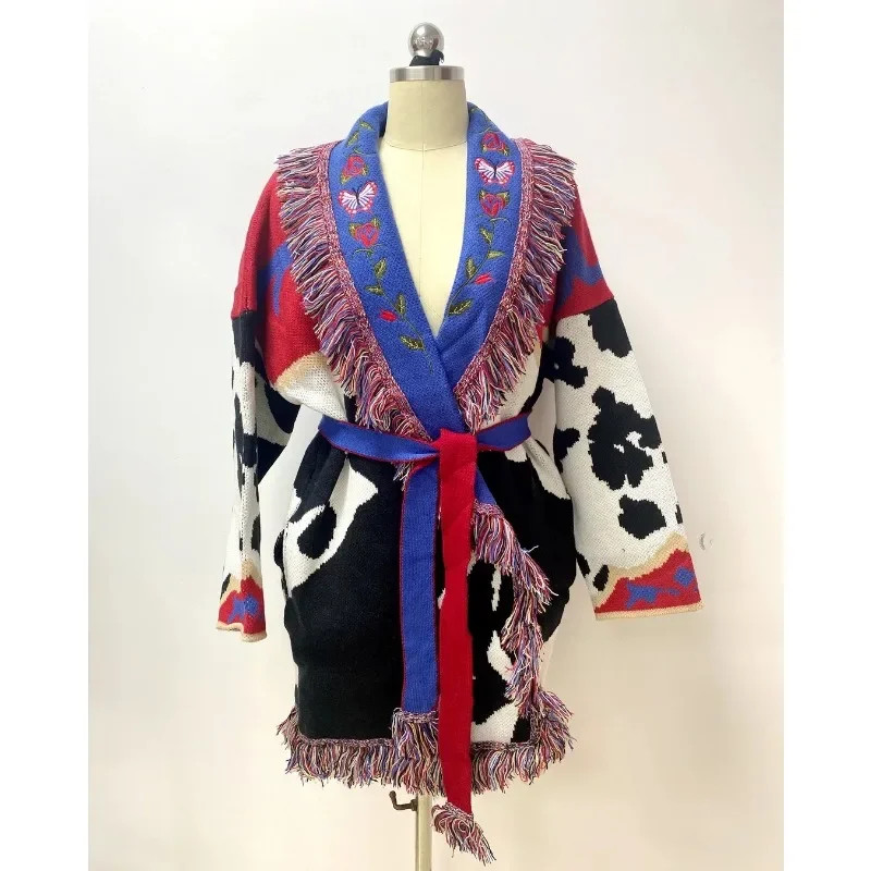Chic Women's Embroidered Floral Cardigans Elegant Vintage Leopard Knitted Coat