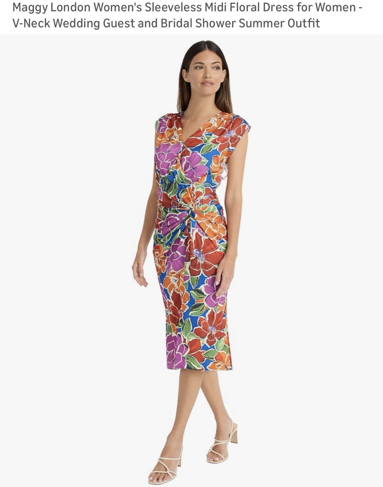 Maggy London Women’s Floral Midi Dress Sz 8 Sleeveless Ruched Sheath Multicolor