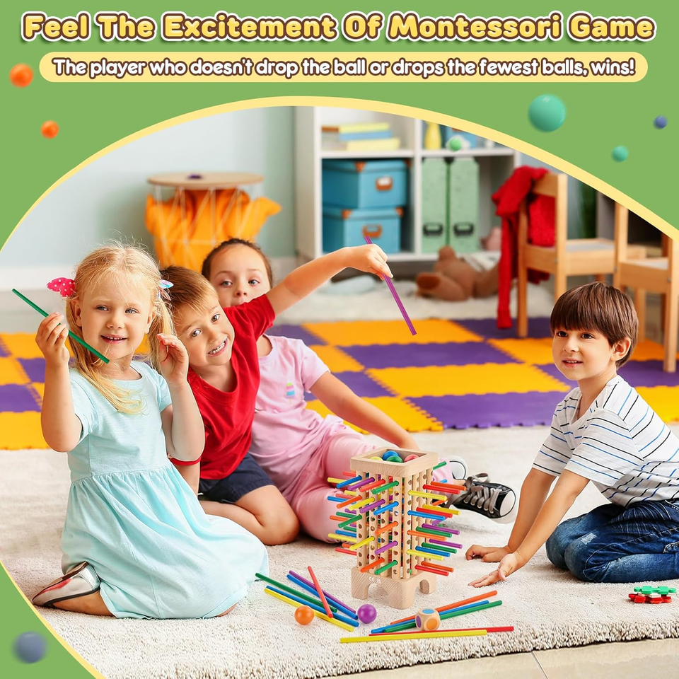 Gioco Montessori In Legno Con Bastoncini Colorati E Dadi, Per Bambini 3-6 Anni, Torre Pendente, Abilità Motorie - 2