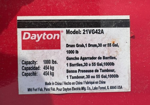 DAYTON 21VG42 DRUM GRAB, FOR 30 OR 55 GAL., 1,000 LB. CAPACITY, SIDE GRIP, NEW!! - Picture 3 of 3
