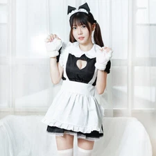 Heart Chest Hollow Out Maid Dress Cosplay Set Headband & Dress & Apron 3PCS Set
