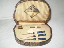 SEWING BOX  ACCESSORIES papier mache  1920  MIRROR  foxglove