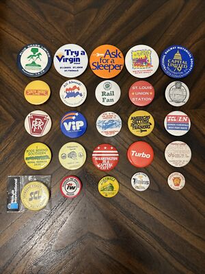 (25) Vintage verschiedene Eisenbahngesellschaft Werbung Pinback Pin Tasten