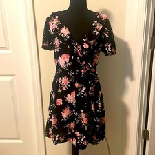 Xhilaration Pink Black Floral Print Faux Wrap Ruffle Collar Mini Dress size M