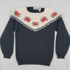 Vintage Sweater Womens Small Black White Floral Knit Angora Rabbit Wool Casual 