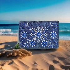 Vtg Blue Beaded Purse Hand Bag Mid Century Crytal Clutch Flower Design READ
