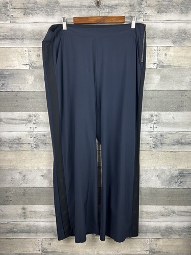Athleta Wide Leg Gramercy Pants Navy Blue with Black Trim Sz 16 Side Zip Snap