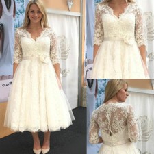 Short Lace Wedding Dresses 3/4 Sleeveless Lace Applique Tea Length Bridal Gowns