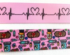 Nurse Heart Grosgrain ribbon Pink Black 7/8" heartbeat EKG Doctor health care