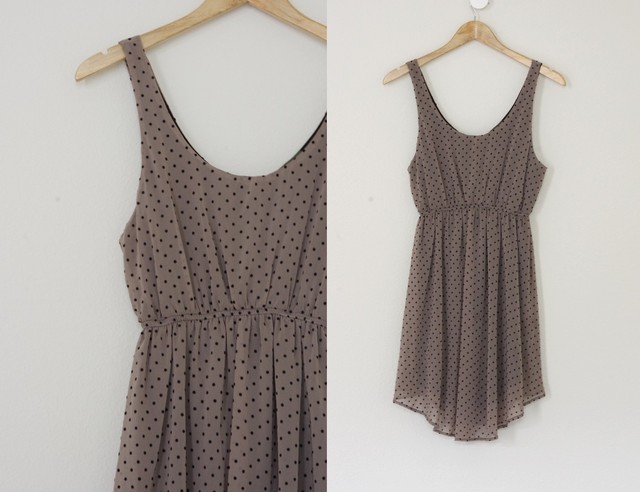 Girly Taupe Flowy Dots Empire Waist Round Hem Dress S | eBay