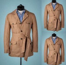 Brown Retro Men's Safari Jacket With Belt Wide Lapel Multi Pocket Hunting Coat