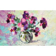 Original Oil Painting 5"x8" Impasto Violets Art Purple flowers in vase Modern