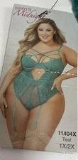Seven 'til Midnight Teal Floral Lace and Fishnet Teddy 11404X NEW Womens 1X/2X