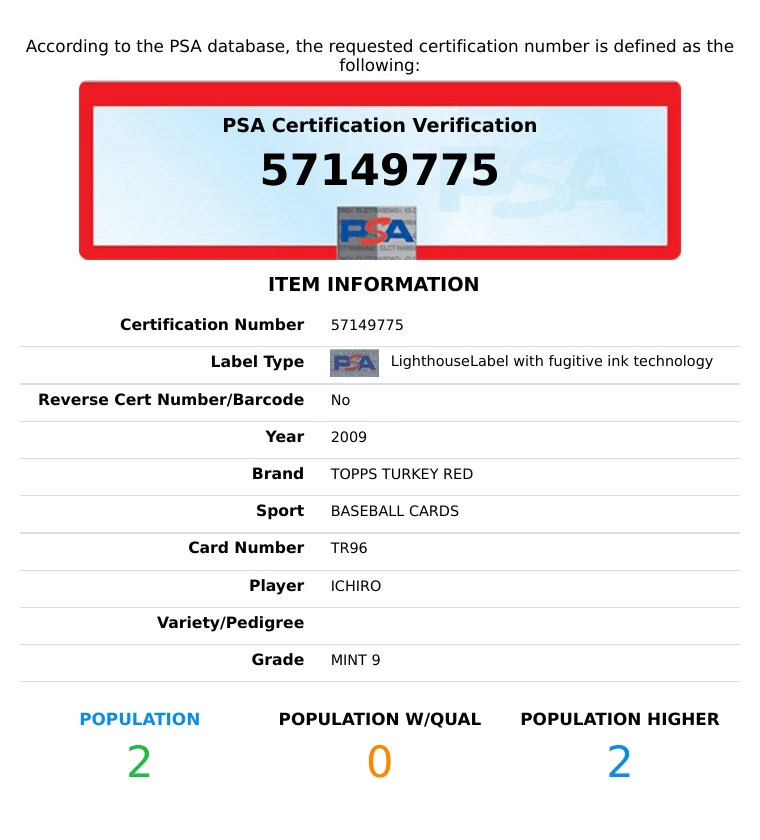 2009 TOPPS TURKEY RED ICHIRO #TR96 SEATTLE MARINERS PSA 9 MINT - Image 3 of 3