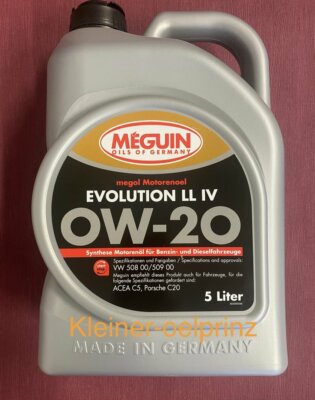 5 ltr. Meguin Motorenoel EVOLUTION LL IV 0W-20 VW 508.00/509.00 Porsche C20 Ford