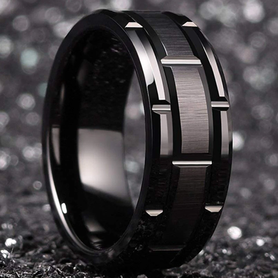 Alianza de boda de carburo de tungsteno anillo clásico para hombre patrón de ladrillo de 8 mm GRABADO GRATIS Foto 4 de 4