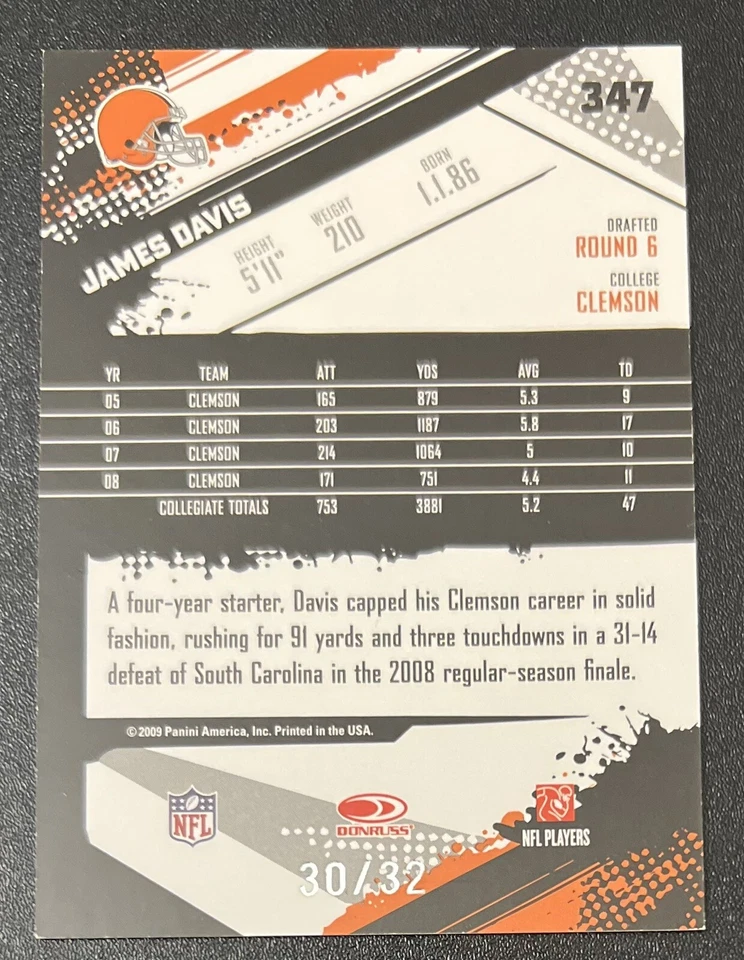 James Davis 2009 Score ROOKIE Artist Proof SP /32 #347 - Cleveland Browns - Image 2 of 2