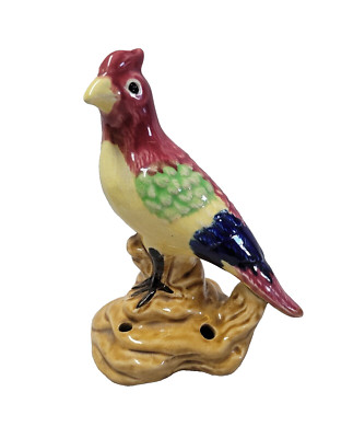 Vintage Ceramic Bird Flower Frog 5 Hole 6-1/2 '' Burgundy, Yellow, Cobalt & Green