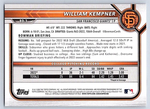 250x LOT - WILLIAM KEMPNER GIANTS RC 1st card 2022 BOWMAN DRAFT #BD-3 - Picture 3 of 3