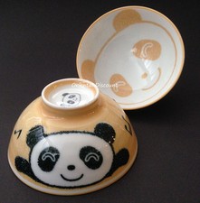2 PCS. Japanese Children Rice Bowls Porcelain 4-1/8"D Yellow Panda Made in Japan