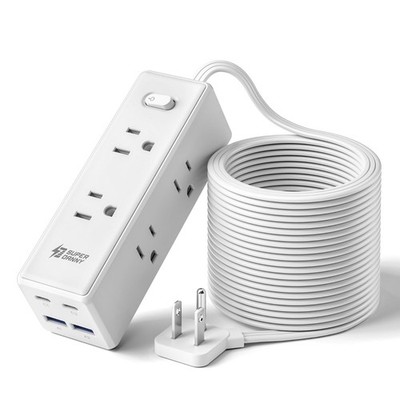 15FT Extension Cord Power Strip 6 Outlets 4 USB Flat Plug Surge Protector