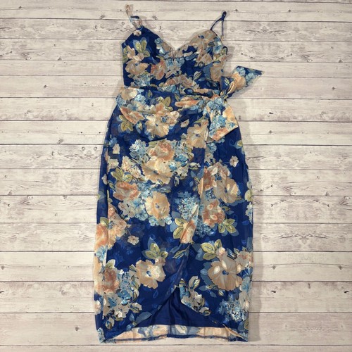 Lulus Effortless Attraction Blue Floral Print Sheer Wrap Midi Dress Summer XS
