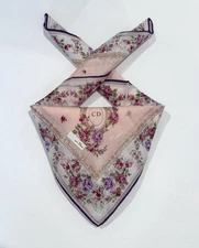 WOMEN HANDKERCHIEF CHRISTIAN DIOR Floral Pink White BANDANA COTTON Scarf 18”