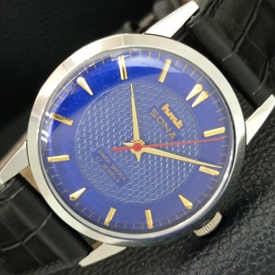 VINTAGE HMT SONA INDISCHE HERRENUHR HANDAUFZUG BLAUES ZIFFERBLATT a444034-2