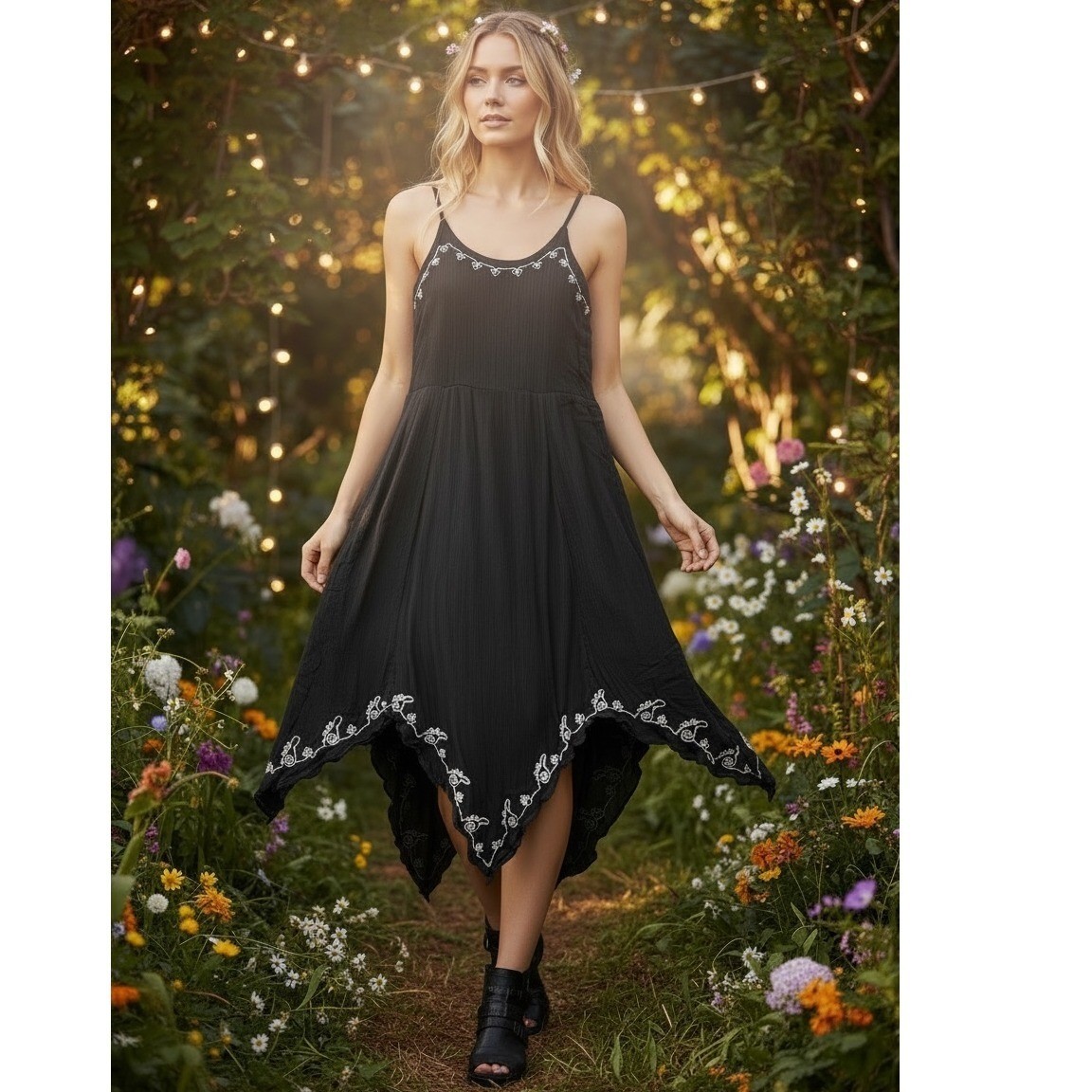 Fairy Grunge Asymmetrical Dress Womens XL Lace Up Beaded Whimsigoth Boho