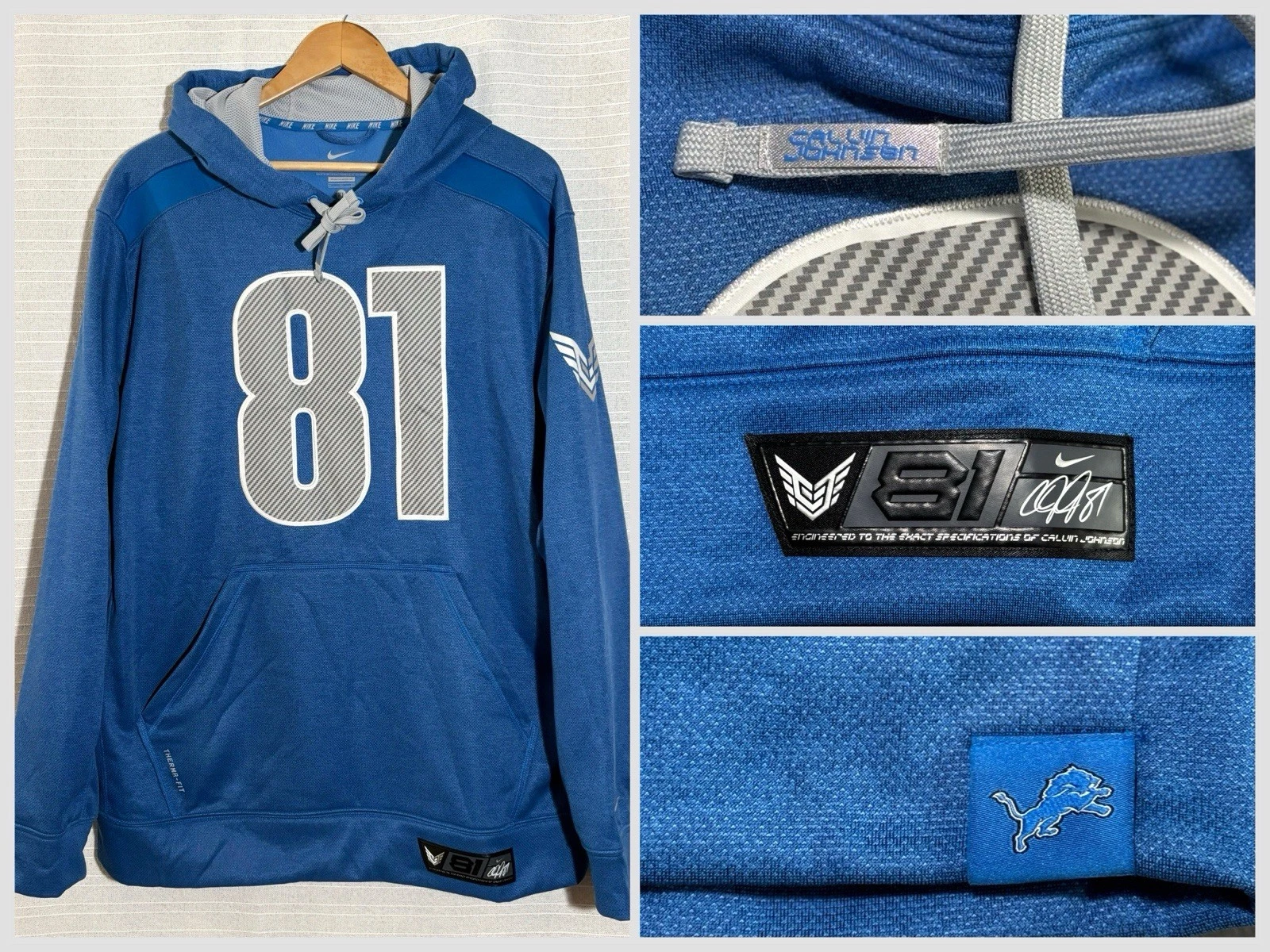 Nike Calvin Johnson Megatron Hoodie Mens XL CJ81 Detroit Lions Blue NOS New 81