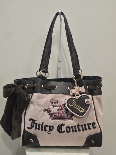 Juicy Couture Pink Black Velour Tote Shoulder Bag Bow Heart Charm Crown Logo