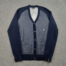 Express Sweater Mens Small Blue Button Cardigan Knit Pockets Contrast Trim