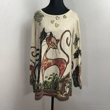 Shana Tunic Women's Medium Beige Cat Wool Blend 3/4 Sleeve Relaxed Fit Artsy