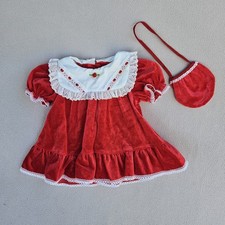 VTG Red Velvet Baby Christmas Dress White Bib Purse SZ 12 Months USA Made