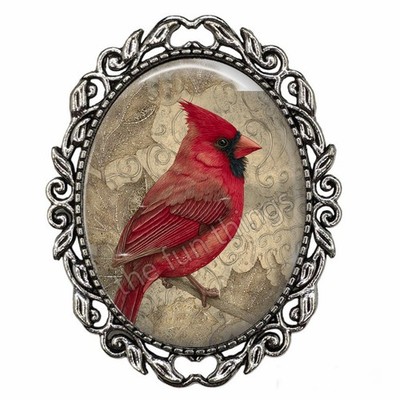 Digital Mixed Media Red Cardinal Brooch Pin Glass Dome Handcrafted Jewelry Gift