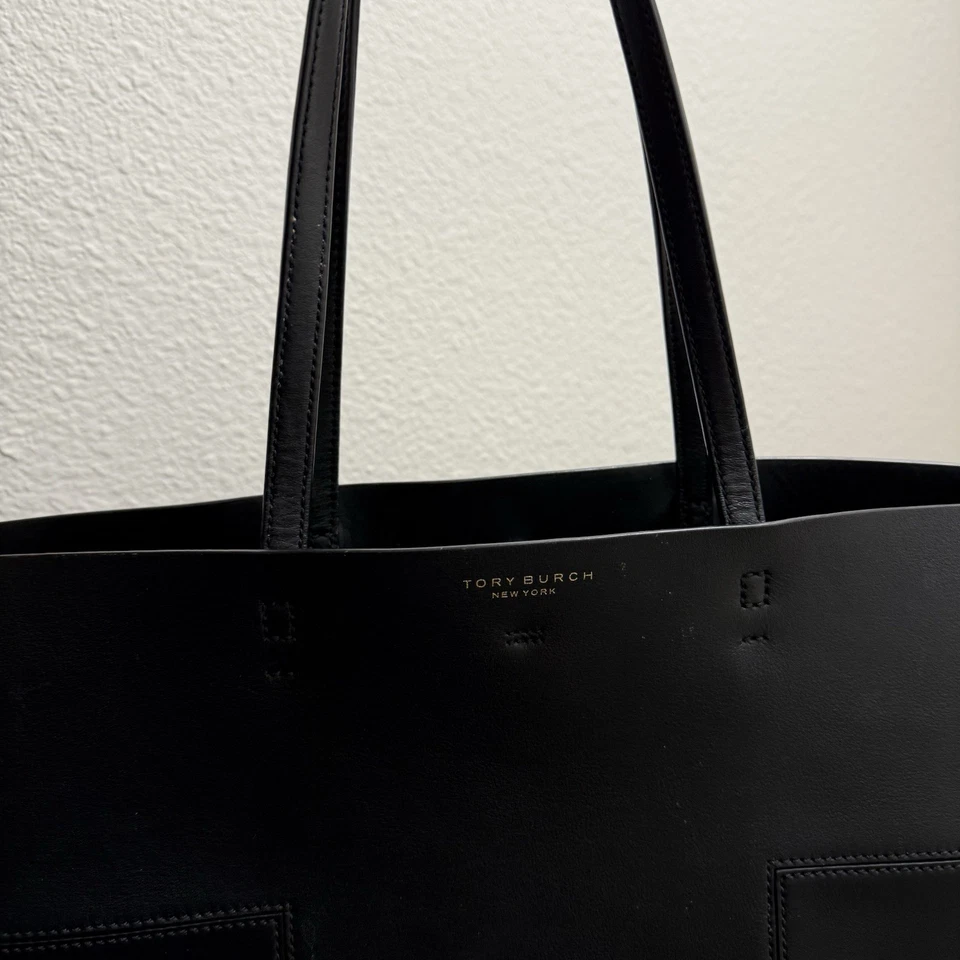 Tory Burch Block-T Black Leather Tote Purse Bag Gold Hardware - Image 2 of 4