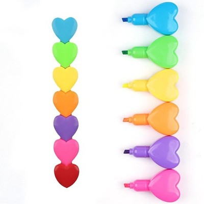 Set of 6 Love Heart Shape Color Highlighter Markers with 1 Red Heart Cap, Mul...