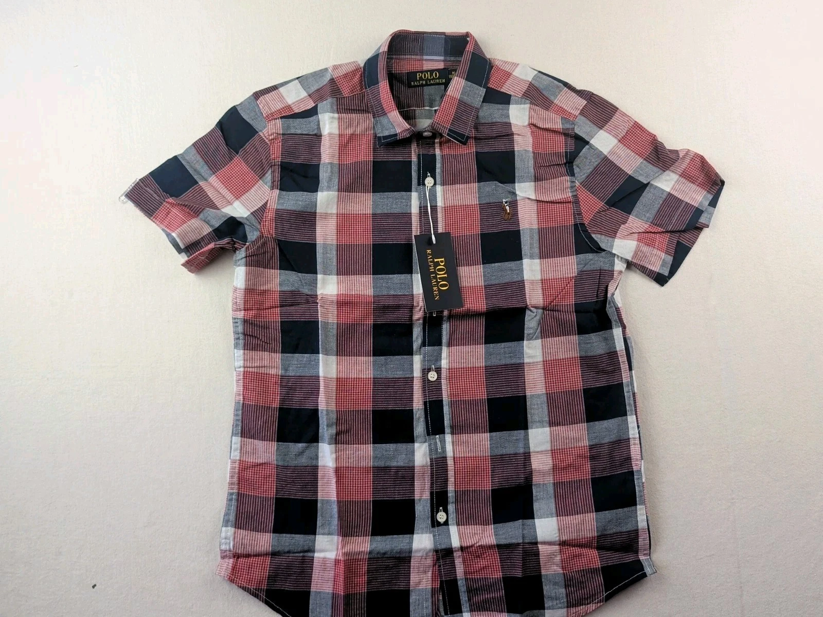 Polo Ralph Lauren White Blue Red Plaid Mens Small Button Up Shirt Flesh Pony NWT