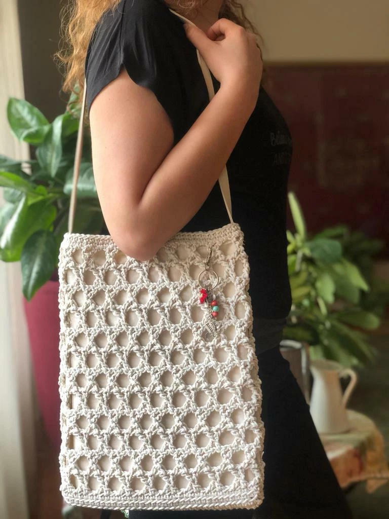 BOHO 100 COTTON CROCHET OFF WHITE LINED TOTE BAG BEACH BAG ECO FRIENDLY