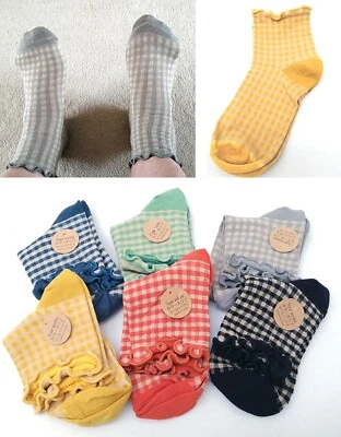 FASHION SOCKS Ladies Comfortable Ruffle Checked Harajuku Crew Socks Cotton Mix Ankle Socks