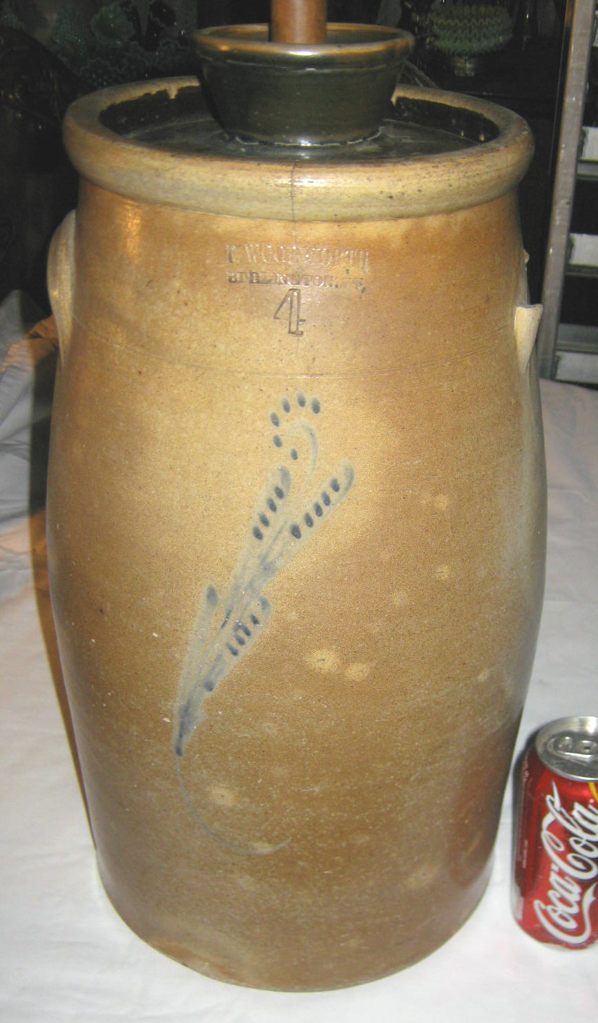 ANTIQUE PRIMITIVE USA BURLINGTON VERMONT WOODWORTH STONEWARE BUTTER