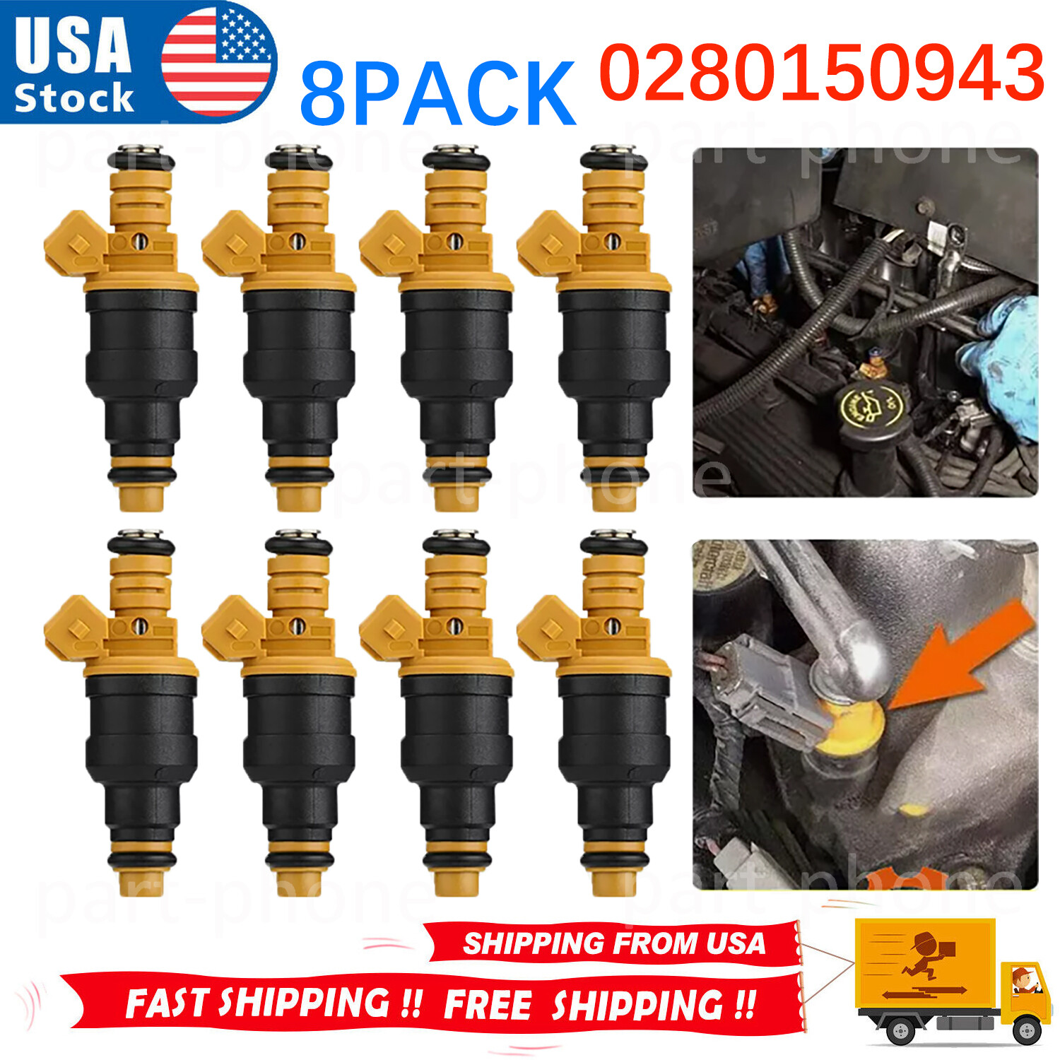 8PACK Flow Matched Bosch Fuel Injectors 0280150943 for Ford 4.6 5.0 5.4 5.8L